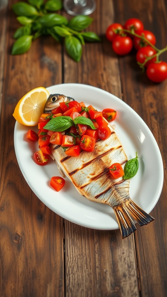 Grilled branzino with tomato basil relish, garnished with lemon, on a rustic wooden table.